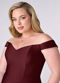 Barbie ♥ Azazie Robes de demoiselle d'honneur Robe Trapèze Convertible en Satin extensible Épaule décolletée Cabernet image11