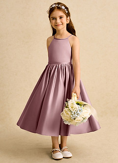 Azazie Indi vestidos de niña de las flores Vestido de Rosa Polvorienta de Satin Mate de Corte En A con Lazo image4