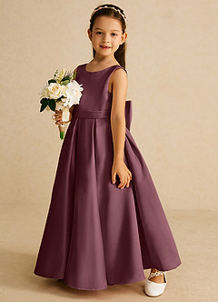 Azazie Pipsy Blumenmädchenkleider A-Linie Schleifen Matte Satin Kleid Sangria image2