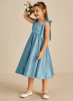 Azazie Chelsie vestidos de niña de las flores Vestido de Azul Malhumorado de Satin Mate de Corte En A con Lazo image4