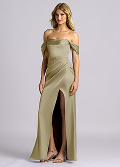 Azazie Auden Bridesmaid Dresses Moss Green Sheath Off the Shoulder Stretch Satin Convertible Dress image4