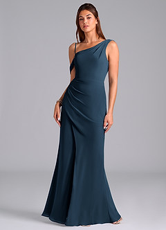 Azazie Madelyn Bridesmaid Dresses Dark Navy Mermaid One Shoulder Chiffon Convertible Dress image4