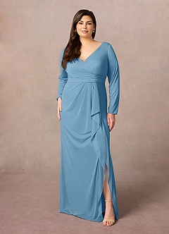 Azazie Risa Mother of the Bride Dresses Steel Blue Mermaid V-Neck Pleated Mesh Dress image6