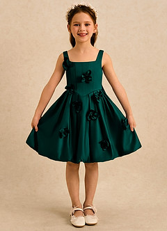 Azazie Lillian Flower Girl Dresses Pine Ball-Gown Pleated Matte Satin Dress image3