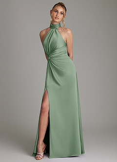Azazie Gracelynn Bridesmaid Dresses Matcha Sheath Pleated Stretch Satin Dress image5
