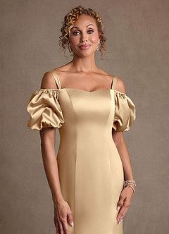 Azazie Redding Mother of the Bride Dresses Champagne Sheath Ruched Stretch Satin Dress image5