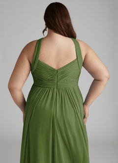 Azazie Hillian Abiti da Damigella Abito A-Line in Maglia con Scollo Halter a Pieghe Oliva image9