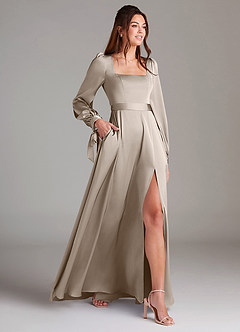Azazie Leonia Bridesmaid Dresses Frost A-Line Long Sleeve Stretch Satin Dress image4