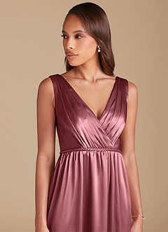 Azazie Tanicia Jurken voor bruidsmeisjes Jurk van Metaalachtig Satijn met A-Lijn Geplooid Woestijnroos image2