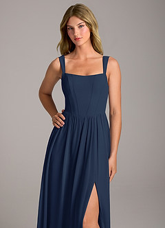 Azazie Rosaline Bridesmaid Dresses Dark Navy A-Line Side Slit Chiffon Dress image2