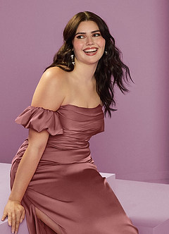 Barbie ♥ Azazie Bridesmaid Dresses Amethyst Sheath Off the Shoulder Stretch Satin Convertible Dress image16