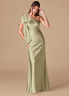 Azazie Capri Bridesmaid Dresses Moss Green Sheath One Shoulder Metallic Satin Dress image1