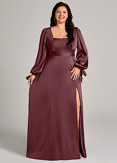 Azazie Leonia Jurken voor bruidsmeisjes Jurk van Stretch Satijn met A-Lijn Lange mouw Sangria image11