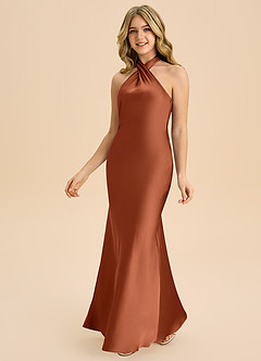 Azazie Chickie Junior Cedar Rose Sheath Pleated Stretch Satin Dress image5