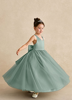 Azazie Peanut Flower Girl Dresses Silver Sage A-Line Strap Tulle Dress image5