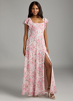 Azazie Bondi Bridesmaid Dresses Abstract Watercolor Floral A-Line Ruffled Chiffon Dress image2