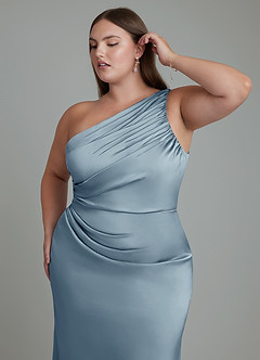 Azazie Akilah Vestidos de damas de honor Vestido Azul Polvoriento de Satén Elástico de Corte Sirena con Un hombro image13