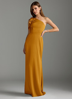 Azazie Rinna Bridesmaid Dresses Butterscotch Mermaid Ruched Stretch Satin Dress image4