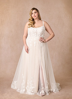 Azazie Jovana Hochzeitskleider A-Linie Schaufel Tüll Kleid Diamantweiß Champagner image5