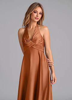 Azazie Tessie Bridesmaid Dresses Copper A-Line Pleated Stretch Satin Dress image3