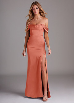 Azazie Saige Abiti da Damigella Abito Tubino in Raso Elasticizzato a Spalla Scoperta Salmone Rosa image3