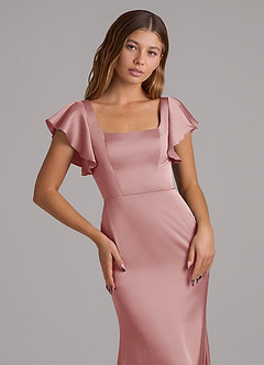 Azazie Elkie Probar vestidos en casa Vestido de Esmeralda de Satén Elástico de Corte Sirena con Escote Cuadrado image6