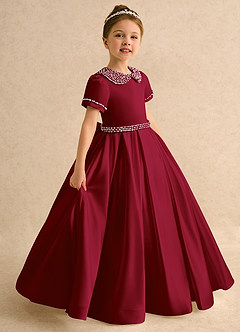 Azazie Gabriella Flower Girl Dresses Burgundy Ball-Gown with Sleeves Matte Satin Dress image1