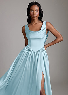 Azazie Novi At-home Try On Dresses Sky Blue A-Line with Pockets Stretch Satin Dress image3