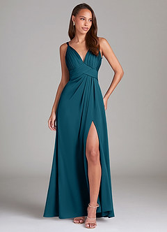 Azazie Maren Allure Bridesmaid Dresses Ink Blue A-Line Lace Stretch Satin Dress image3