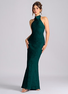 Azazie Velli Vestidos de damas de honor Vestido de Pino de Devorado Floral de Corte Sirena con Cuello Alto image1