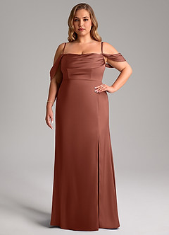 Azazie Saige Brautjungfernkleider Etui Schulterfrei Stretch-Satin Kleid Rotbraun image15