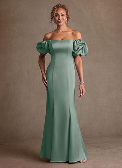 Azazie Redding vestidos de madre de la novia Vestido de Salvia Plateada de Satén Elástico de Corte Recto con Volante image1