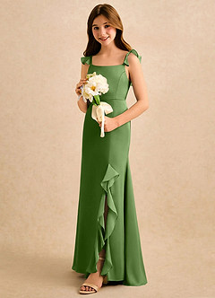 Azazie Novalie Girls Formal Flower Girl Dresses Basil Mermaid Bow Stretch Satin Dress image2