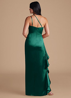 Azazie Latrice Bridesmaid Dresses Emerald Sheath One Shoulder Metallic Satin Dress image5