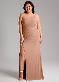 Azazie Eren Bridesmaid Dresses Champagne Rose Sheath One Shoulder Chiffon Dress image10