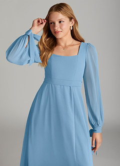 Azazie Leonia Junior Steel Blue A-Line with Pockets Chiffon Dress image5