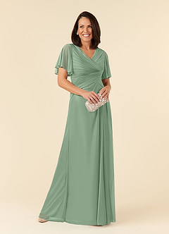 Azazie Emmeline Mother of the Bride Dresses Matcha A-Line V-Neck Pleated Mesh Dress image1
