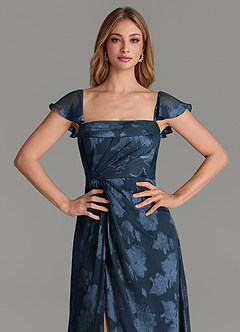 Azazie Savannah At-home Try On Dresses Dark Navy A-Line Pleated Floral Jacquard Burnout Dress image7