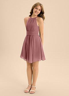 Azazie Bonnie Junior Desert Rose A-Line Pleated Chiffon Dress image4