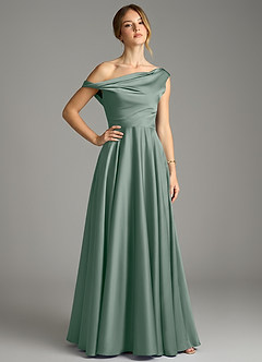 Azazie Xanthe Bridesmaid Dresses Silver Sage A-Line Off the Shoulder Stretch Satin Dress image1