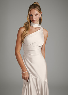 Azazie Amara Bridesmaid Dresses White Alabaster Mermaid One Shoulder Stretch Satin Dress image6