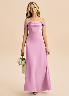 Azazie Lettie Junior Candy Pink A-Line Off the Shoulder Stretch Satin Dress image2