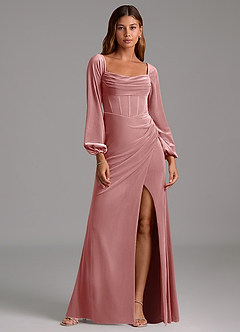Azazie Charissa Bridesmaid Dresses Dusty Rose Sheath Long Sleeve Velvet Dress image1