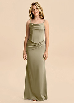 Azazie Sorrel Junior Moss Green Mermaid Ruched Stretch Satin Dress image6