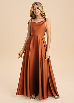 Azazie Popsy Junior Cinnamon A-Line Bow Stretch Satin Dress image3