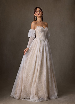 Azazie Sienna Robes de mariée Robe Trapèze en Dentelle Encolure en Forme de Cœur Diamant Blanc Champagne image4