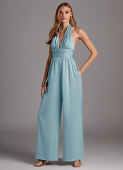 Azazie Oli Bridesmaid Dresses Moody Blue Pleated Stretch Satin Jumpsuit image4