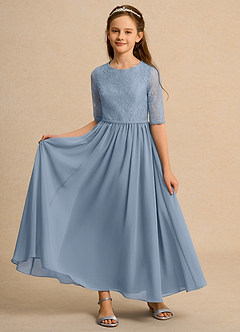 Azazie Pippin Girl Robe Demoiselle D'honneur Fillette Robe Trapèze en Dentelle Bleu Poussiéreux image6