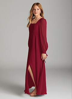 Azazie Leonia Junior Burgundy A-Line with Pockets Chiffon Dress image3