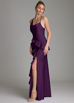 Azazie Jayda Bridesmaid Dresses Grape A-Line Ruched Stretch Satin Dress image5